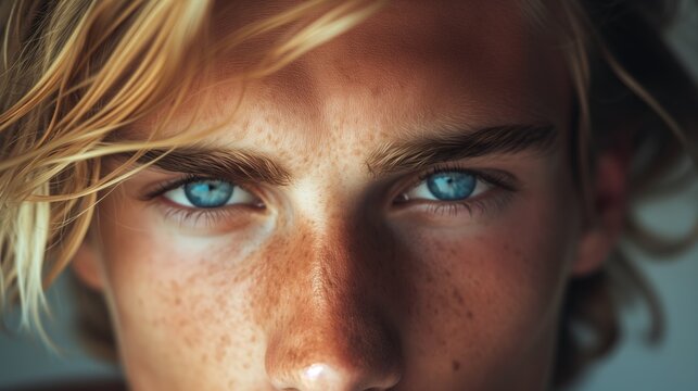 Intense gaze of a blond young man with sun-kissed freckles and windswept hair, showcasing vivid blue eyes and a youthful complexion