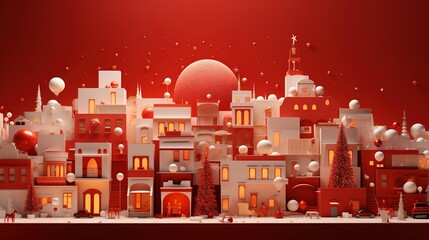 A whimsical 3D illustration of a red monochrome winter village adorned with Christmas decorations, complete with sparkling trees and a festive atmosphere. - obrazy, fototapety, plakaty