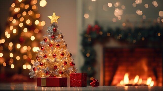 A charming miniature golden Christmas tree, adorned with red ornaments and a star topper, with gifts at its base, set against a backdrop of a larger tree and fireplace lights.