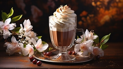 Latte with choco coffee with chocolate syrup and chocolate on table - obrazy, fototapety, plakaty