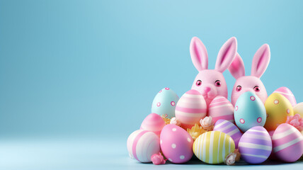 Fototapeta premium A bunch of pastel colored easter eggs and bunny ears on a isolated blue background 