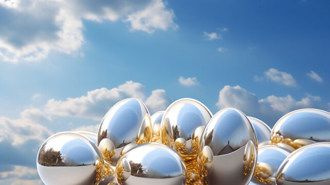  A bunch of golden an silver colored easter eggs on a blue sky with cloud background 
