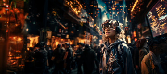A young woman in virtual glasses in the online platform of the metauniverse