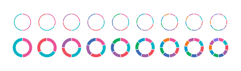cut circles set. dashed colored circles. two, three, four, five, six, seven, eight, nine sliced circles - obrazy, fototapety, plakaty