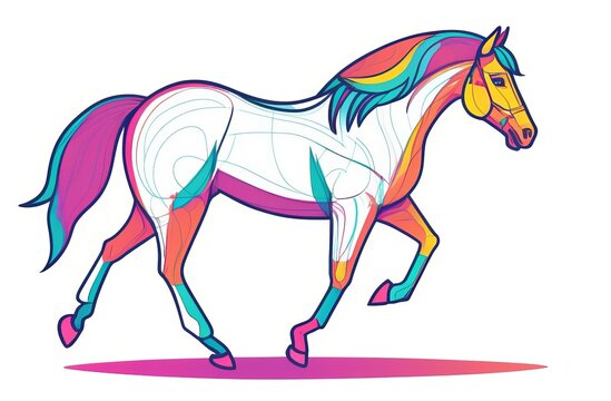 Running multicolored horse on white background. Icon animal. Watercolor horse