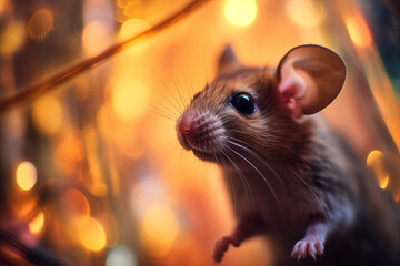Little rat sits outdoors among autumn natural blurred background. Cute surprised mouse walking outside. Soft focus. Side view of animal Rattus with funny face. Warm sunset light