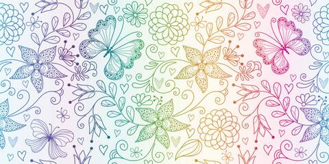 Fototapeta na wymiar Vector seamless colorful floral valentines pattern with hearts and dotty butterflies in doodle style on a white background