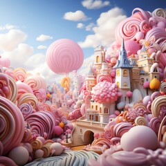 Fantasy, magic world with pink castle. fairy tales and children's imagination concept. square