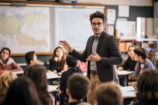 A teacher leading a class discussion, encouraging students to express their thoughts and opinions.