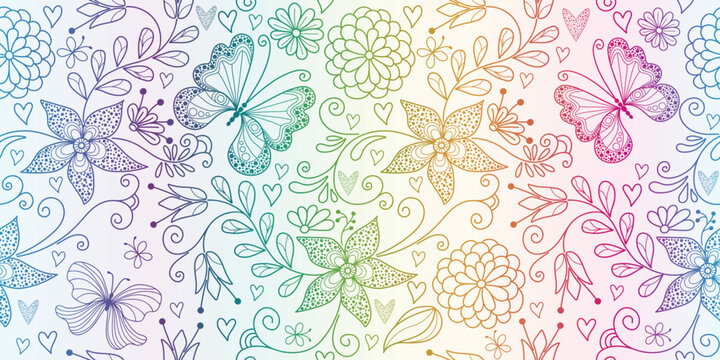 Vector seamless colorful floral valentines pattern with hearts and dotty butterflies in doodle style on a white background