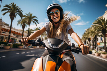a woman with a smile races on a moped