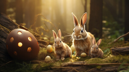 A family of rabbits sits in the sunlight or beams near a fallen tree inside the forest, a medium shot of a easter wallpaper with easter eggs 