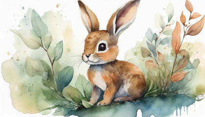 Obraz premium A flat illustration with a hare cub on a white background. The concept of wildlife, watercolor