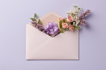 A paper envelope with flowers. The concept of the holiday on March 8, International Women's Day, birthday, Valentine's day. A greeting card.