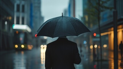 man in a suit with a black umbrella on a dark day in a congested city in high definition and quality. office and rain concept