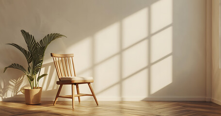 Interior room setting with an empty beige wall for mockups. Cozy chair sits beside a potted plant. Natural daylight filters in through a window, casting shadows. Minimalist background with copy space.