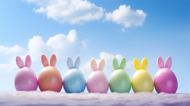  Six pastel colored easter eggs and bunny ears on a blue sky with cloud background 
