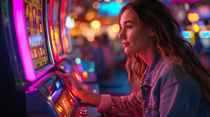 woman in casino,  woman playing a slot machine in a casino room at night time with people watching from the sidelines - obrazy, fototapety, plakaty
