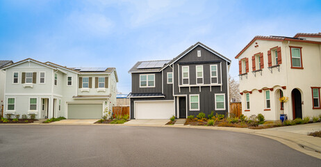 Front view of newly built homes in Northern California