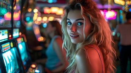  woman playing a slot machine in a casino room at night time with people watching from the sidelines - obrazy, fototapety, plakaty