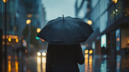 man in a suit with a black umbrella on a dark day in a city
