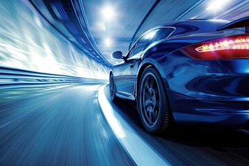 Experience the exhilaration of a high-speed journey as a blue business car races along a twisting highway