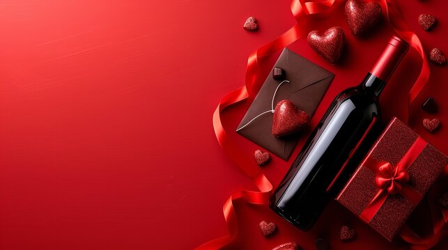 Valentine's Day red wine bottle with present and chocolate heart shape on a spotless surface, Generative AI.