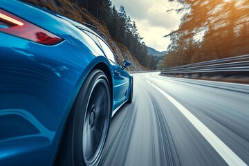Obraz premium Experience the exhilaration of a high-speed journey as a blue business car races along a twisting highway