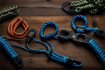 Parachute cord bracelets  on a wooden table.