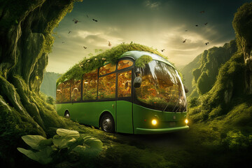 eco transport bus with grass on the roof
