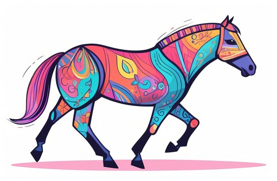 Running multicolored horse on white background. Icon animal. Watercolor horse