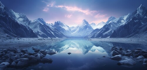Fototapeta na wymiar Mesmerizing glacial lake reflecting the tranquil twilight of a mountainous landscape.