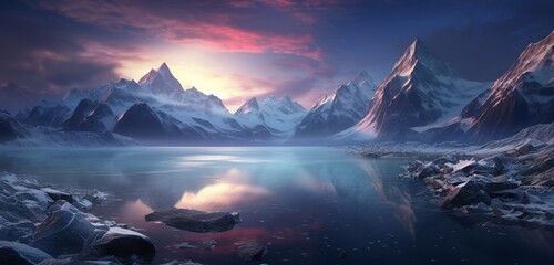 Mesmerizing glacial lake reflecting the tranquil twilight of a mountainous landscape.