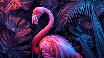 vibrant flamingo bird amidst lush tropical foliage