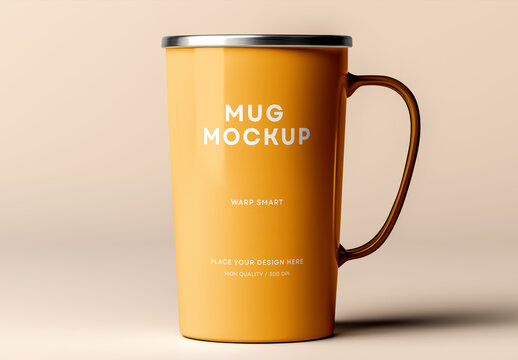 Realistic Yellow Metal Mug Mockup &ndash; High-Quality Minimal Scene with Shadow on Light Background