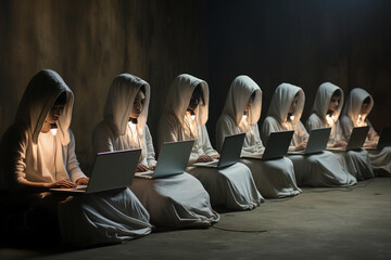 a group of women sit in a row with laptops - obrazy, fototapety, plakaty