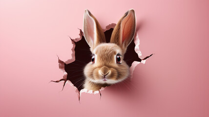  brown rabbit with fluffy ears peeking out of hole in pink wall; torn out hole 