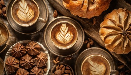 Filiżanki z kawą cappuccino otoczone przyprawami