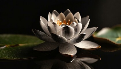 Biały kwiat lotosu 3D, ciemne tło - obrazy, fototapety, plakaty