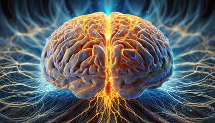 Artystyczny obraz aktywności ludzkiego mózgu, komunikacji neuronów. Fale mózgowe, impulsy elektryczne w mózgu