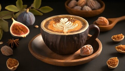 Kawa cappuccino w brązowej filiżance z kamionki, obok figi