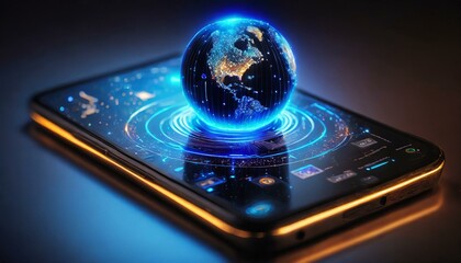Smartphone with a hologram of the globe and connection network. Cyberspace. Theme of artificial intelligence, development of technology and communication, globalization.