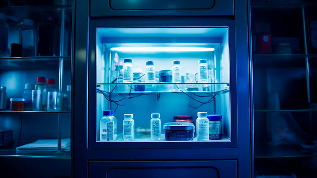 Display case filled with lots of different types of medicine bottles and containers. © Kostya