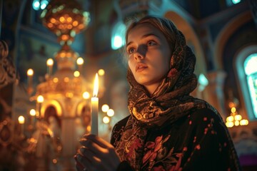 russian woman in russian orthodox church praying - obrazy, fototapety, plakaty