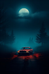 Fototapeta na wymiar The red car is driving through the fog at night street. Generative AI
