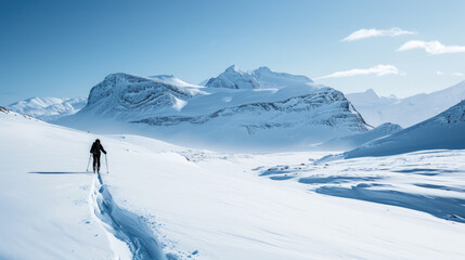 Solitary skier is trekking across a snowy mountain landscape under a bright sun.