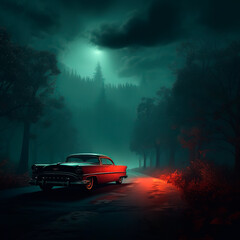 The red car is driving through the fog at night street. Generative AI