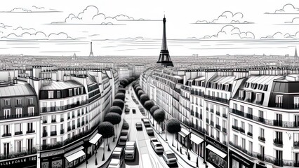 Sketch Art Architecture Draw Illustration. Paris, view of old houses and the Eiffel tower. Isolated on white background. Line art design for adult or kids coloring page. Postcards, cards.