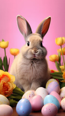 A portrait of a country easter bunny with an isolated pink background and easter eggs 