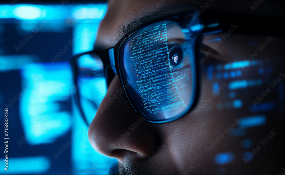 Poster cyber vision: closeup of a developer's intense gaze into digital code, unraveling software secrets